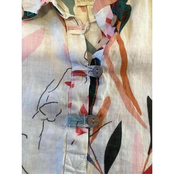 Cynthia Rowley 100% Linen Top Tunic Sz 2X Roll Tab Sleeve Tropical - Picture 5 of 10